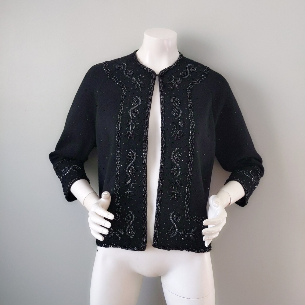 Vtg 60s Hong Kong Black Wool Beaded Cardigan L